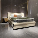 Creamy Ivory Upholstered Bed with Diamond-Quilted Detailing, Gilded Emblem & High-Gloss Natural Wood Veneer Trim